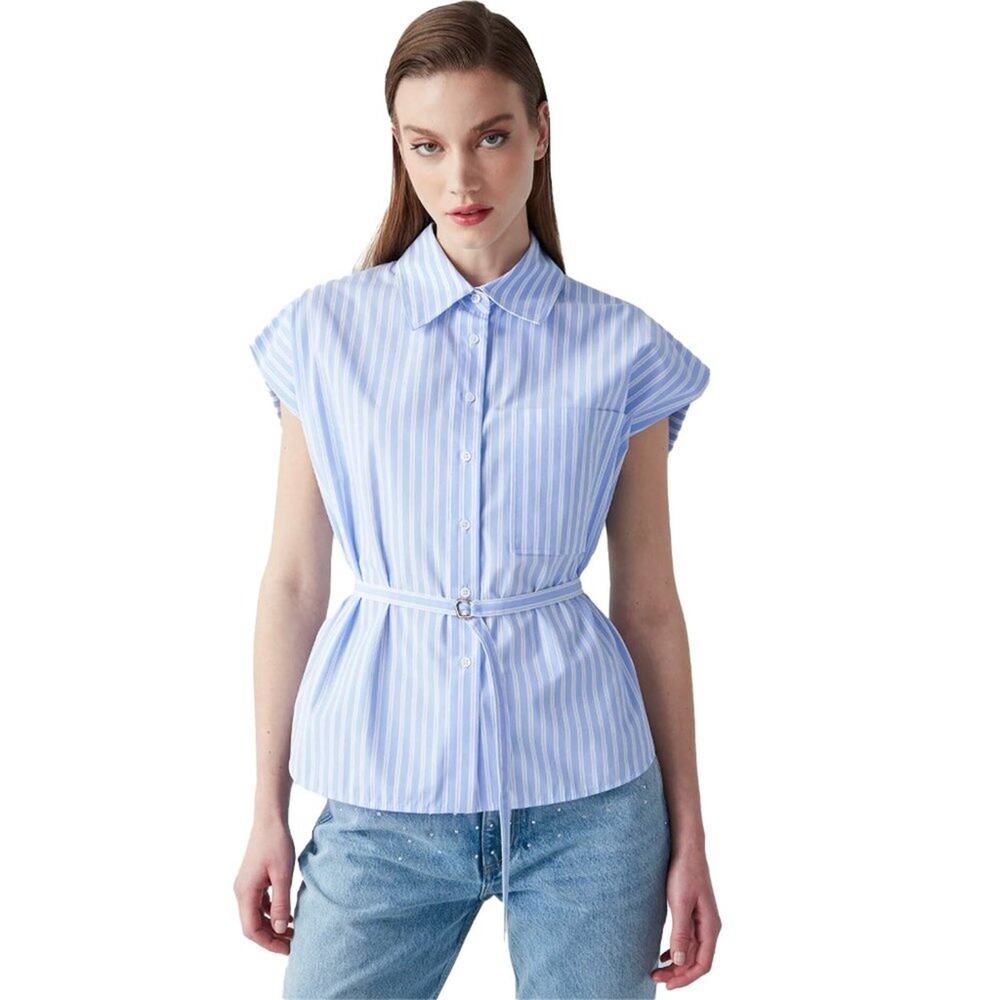 IPEKYOL Poplin Blouse Button Down w Belt Detail Blue White Size 42